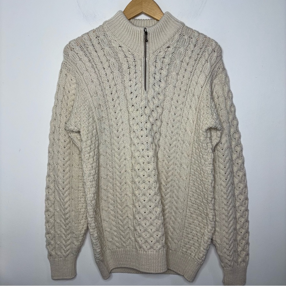 NEW Aran Woolen Mills Merino Wool 1/4 Zip Pullover Cable Knit Sweater Fisherman